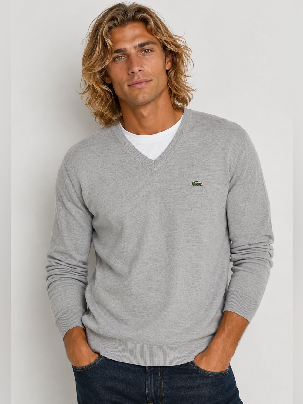 Lacoste Light Gray V-Neck Cotton Sweater Crocodile Logo Classic Preppy Size 5
